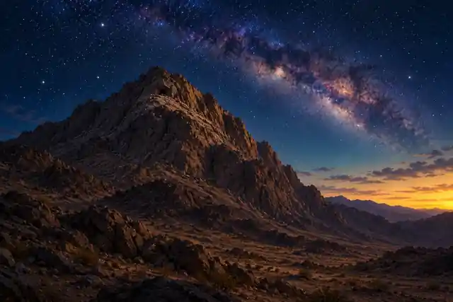 Imagined scene: a steep rocky mountain at night under a starry sky, with a small cave opening near the top